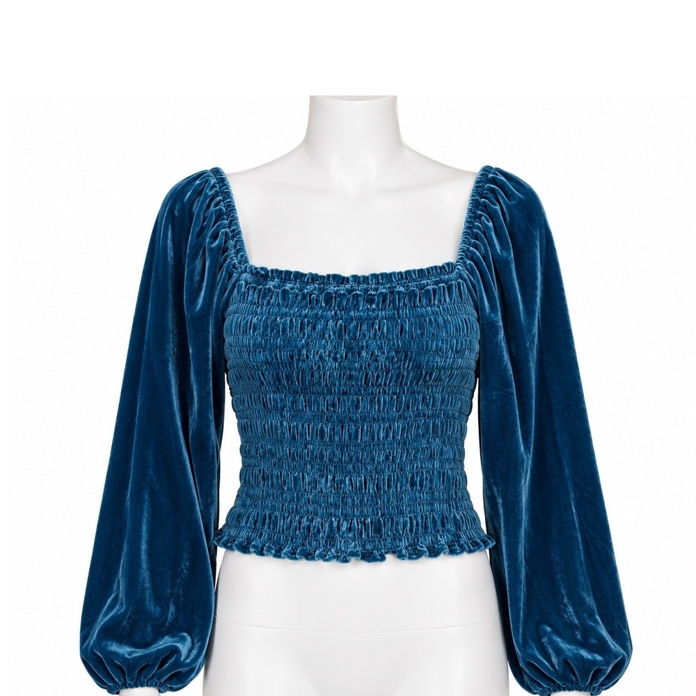 NEW By Anthropologie Blue Velvet Puff Sleeve Smocked Top Women's Medium Ren Fair